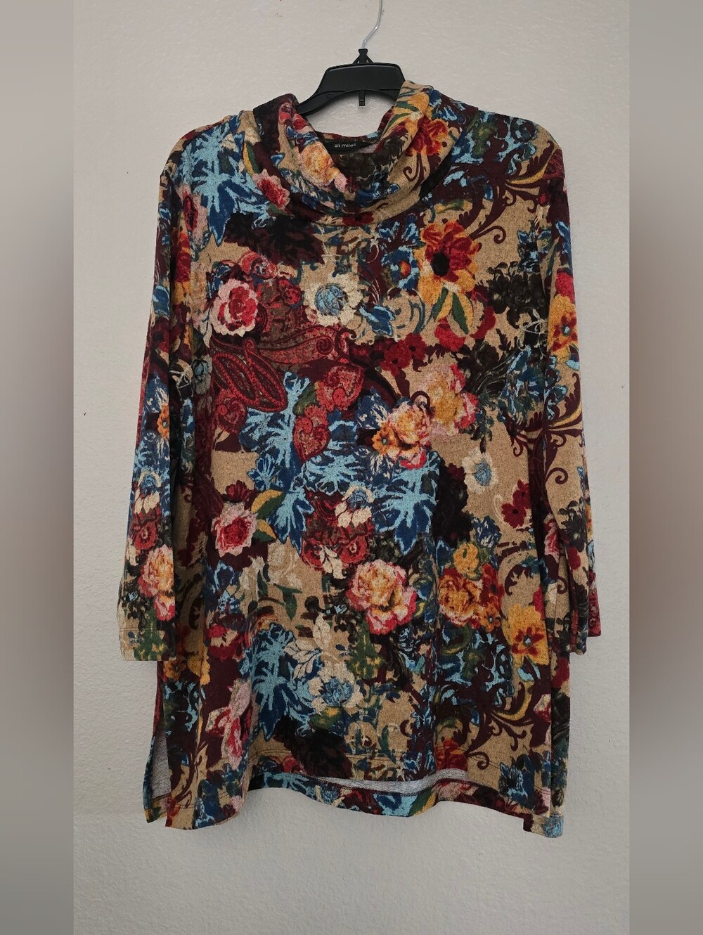 Ali Miles Womens L Colorful Floral Cowl Neck Shirt Art 3/4 Sleeve Pullover Top